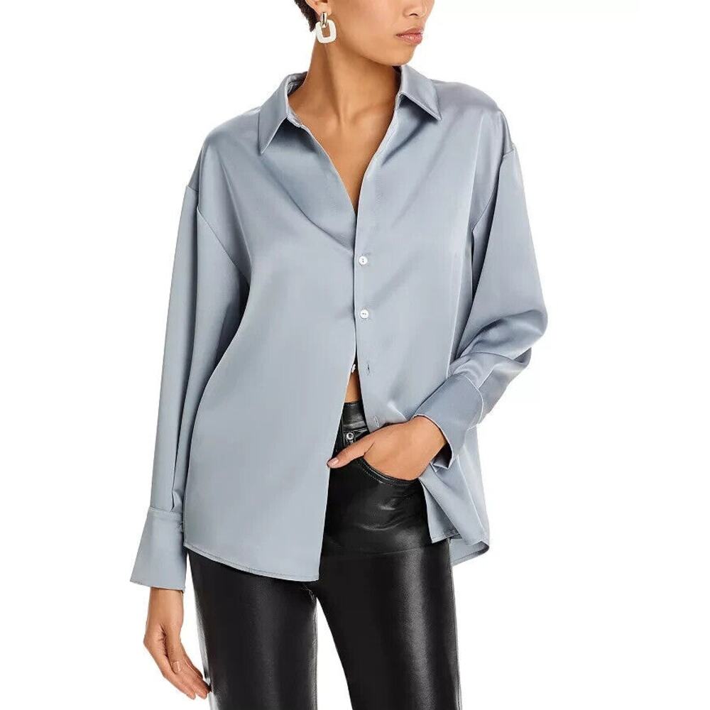 Aqua Blouse Women's Medium Grey Satin Button Front Long Sleeve V Neck Collared